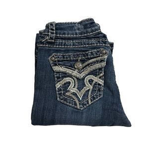 L.A. Idol Y2K Dark Wash Embellished Flap Pocket Flared Bellbottom Denim Jeans